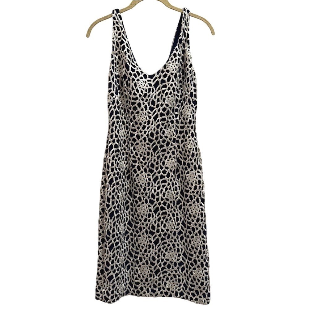 Lauren Ralph Lauren Dress Women 4 Blue White Crochet Lace Sheath V-Neck Cocktail